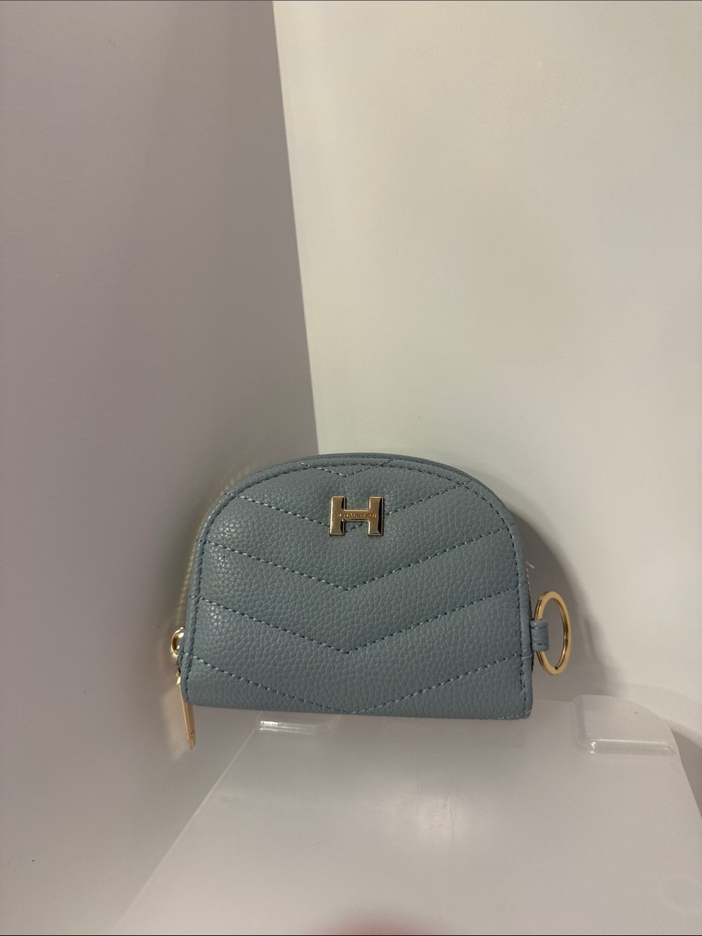 H by Halston Quilted Mini Wallet in Light Blue with Gold Hardware